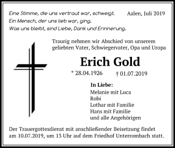 Traueranzeige von Erich Gold von Schwäbische Post