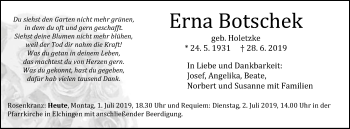 Traueranzeige von Erna Botschek von Schwäbische Post