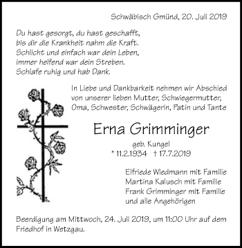 Traueranzeige von Erna Grimminger von Gmünder Tagespost