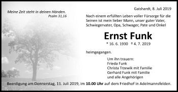 Traueranzeige von Ernst Funk von Schwäbische Post
