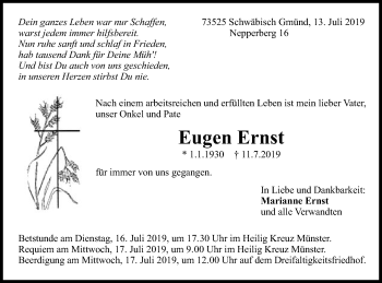 Traueranzeige von Eugen Ernst von Gmünder Tagespost