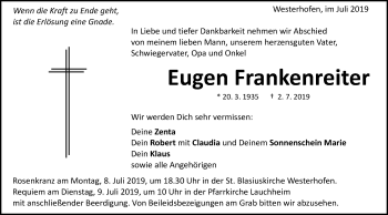 Traueranzeige von Eugen Frankenreiter von Schwäbische Post