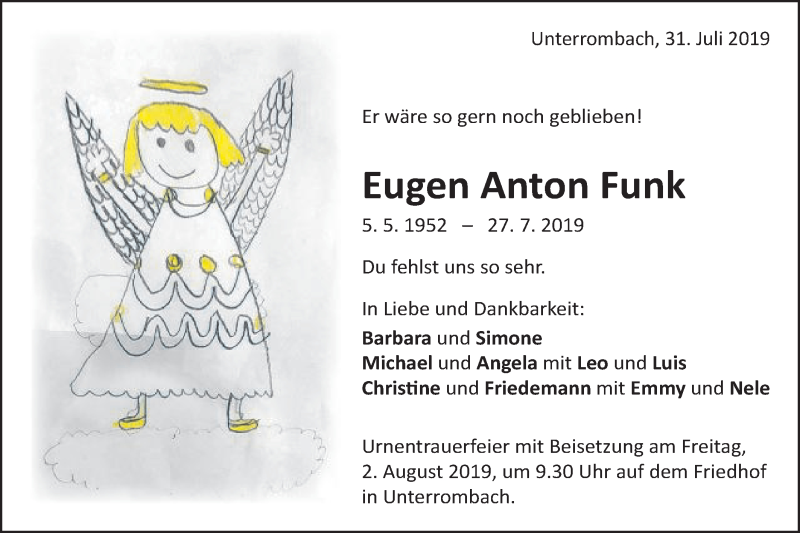  Traueranzeige für Eugen Anton Funk vom 31.07.2019 aus Schwäbische Post