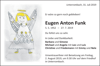 Traueranzeige von Eugen Anton Funk von Schwäbische Post