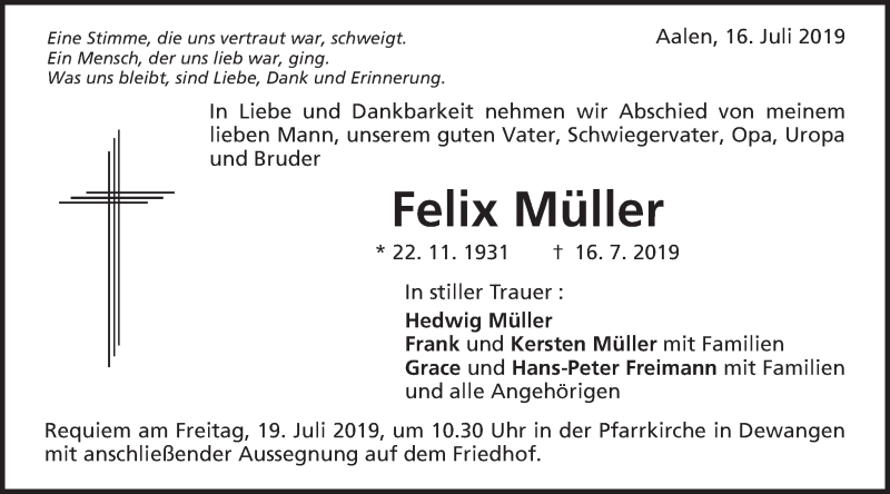  Traueranzeige für Felix Müller vom 17.07.2019 aus Schwäbische Post