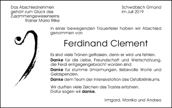 Traueranzeige von Ferdinand Clement von Gmünder Tagespost