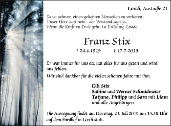 Traueranzeige von Franz Stix von Gmünder Tagespost