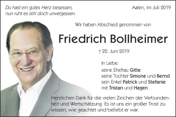 Traueranzeige von Friedrich Bollheimer von Schwäbische Post