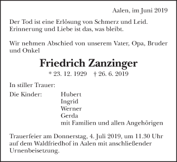 Traueranzeige von Friedrich Zanzinger von Schwäbische Post