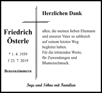 Traueranzeige von Friedrich Österle von Schwäbische Post