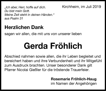 Traueranzeige von Gerda Fröhlich von Schwäbische Post