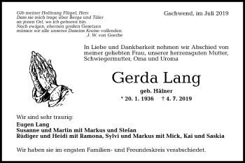 Traueranzeige von Gerda Lang von Gmünder Tagespost