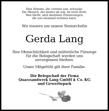 Traueranzeige von Gerda Lang von Gmünder Tagespost