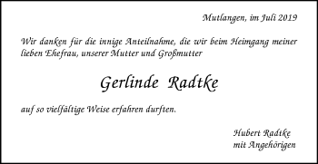 Traueranzeige von Gerlinde Radtke von Gmünder Tagespost