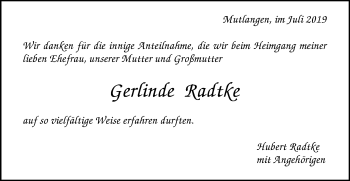 Traueranzeige von Gerlinde Radtke