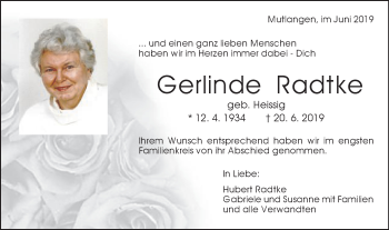 Traueranzeige von Gerlinde Radtke von Gmünder Tagespost