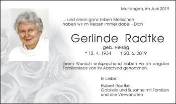 Traueranzeige von Gerlinde Radtke