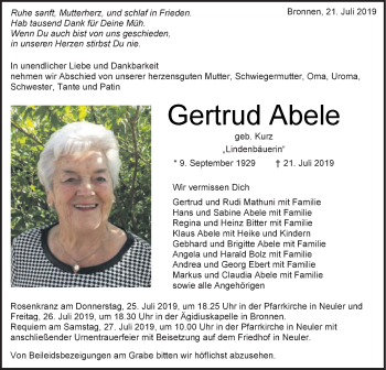 Traueranzeige von Gertrud Abele von Schwäbische Post