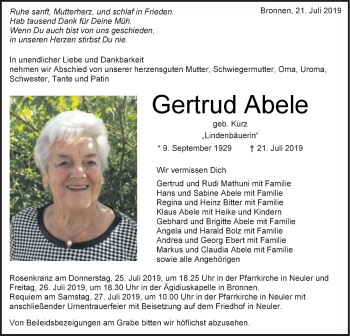 Traueranzeige von Gertrud Abele