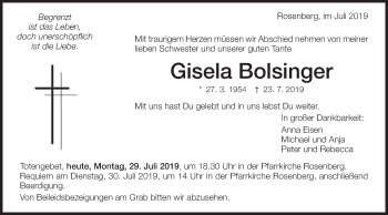 Traueranzeige von Gisela Bolsinger von Schwäbische Post