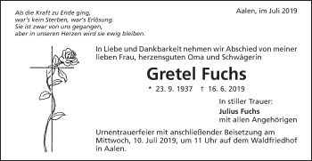 Traueranzeige von Gretel Fuchs von Schwäbische Post