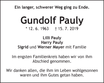 Traueranzeige von Gundolf Pauly von Gmünder Tagespost