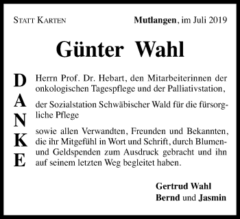 Traueranzeige von Günter Wahl von Gmünder Tagespost