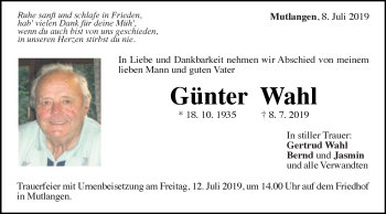 Traueranzeige von Günter Wahl von Gmünder Tagespost