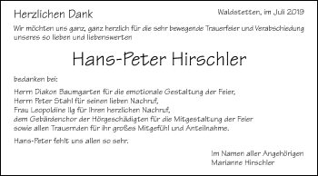 Traueranzeige von Hans-Feter Hirschler von Gmünder Tagespost