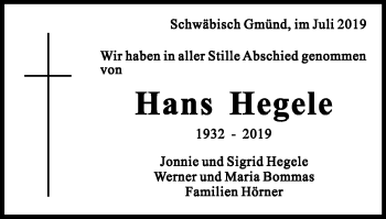 Traueranzeige von Hans Hegele von Gmünder Tagespost