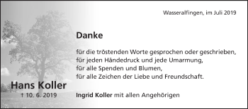 Traueranzeige von Hans Koller von Schwäbische Post