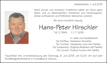 Traueranzeige von Hans-Peter Hirschler