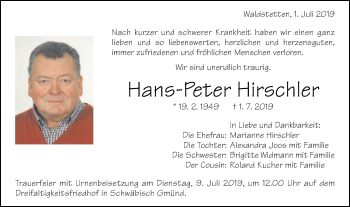 Traueranzeige von Hans-Peter Hirschler von Gmünder Tagespost