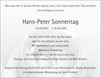 Traueranzeige von Hans-Peter Sonnentag von Gmünder Tagespost
