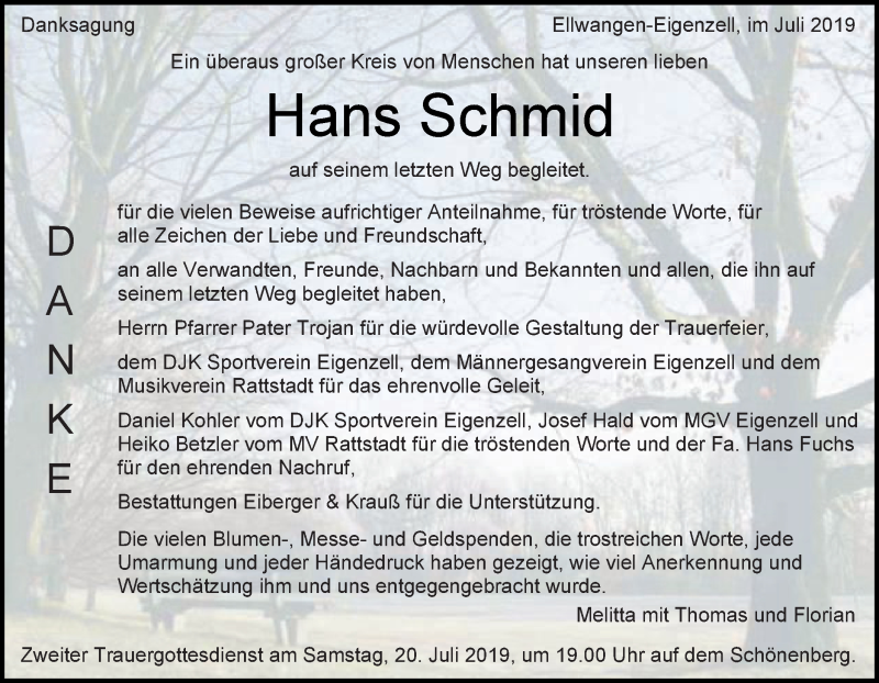  Traueranzeige für Hans Schmid vom 16.07.2019 aus Schwäbische Post