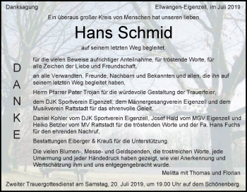 Traueranzeige von Hans Schmid