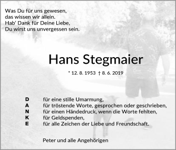 Traueranzeige von Hans Stegmaier von Schwäbische Post