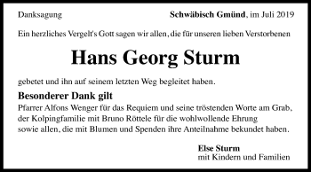 Traueranzeige von Hans Georg Sturm von Gmünder Tagespost