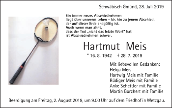 Traueranzeige von Hartmut Meis von Gmünder Tagespost