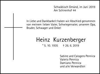 Traueranzeige von Heinz Kurzenberger von Gmünder Tagespost