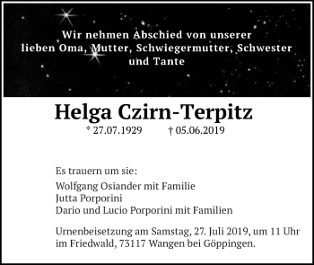 Traueranzeige von Helga Czirn-Terpitz von Schwäbische Post