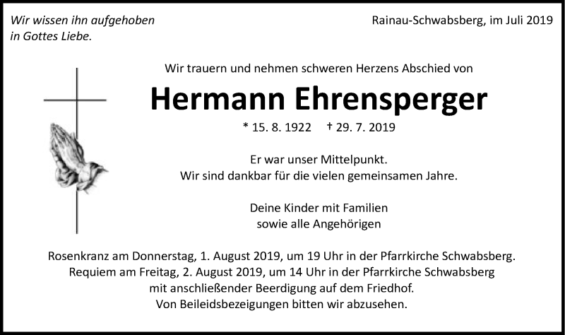  Traueranzeige für Hermann Ehrensperger vom 31.07.2019 aus Schwäbische Post