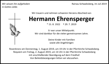 Traueranzeige von Hermann Ehrensperger von Schwäbische Post