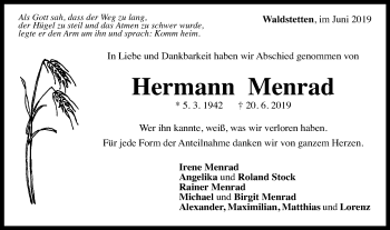 Traueranzeige von Hermann Menrad