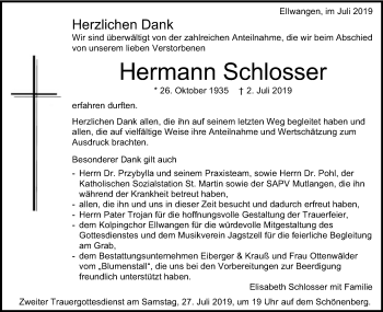 Traueranzeige von Hermann Schlosser von Schwäbische Post