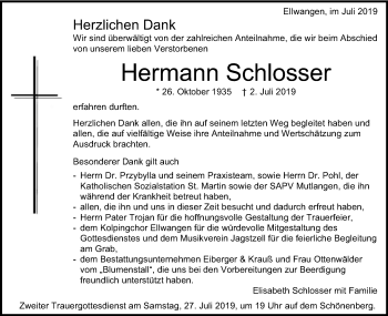 Traueranzeige von Hermann Schlosser