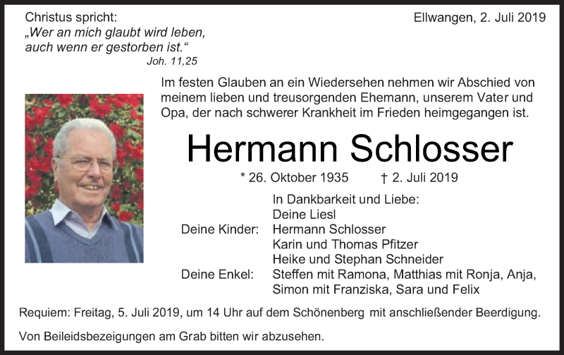  Traueranzeige für Hermann Schlosser vom 03.07.2019 aus Schwäbische Post