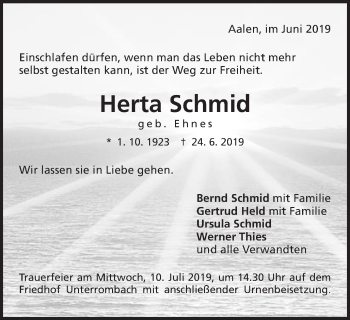 Traueranzeige von Herta Schmid von Schwäbische Post