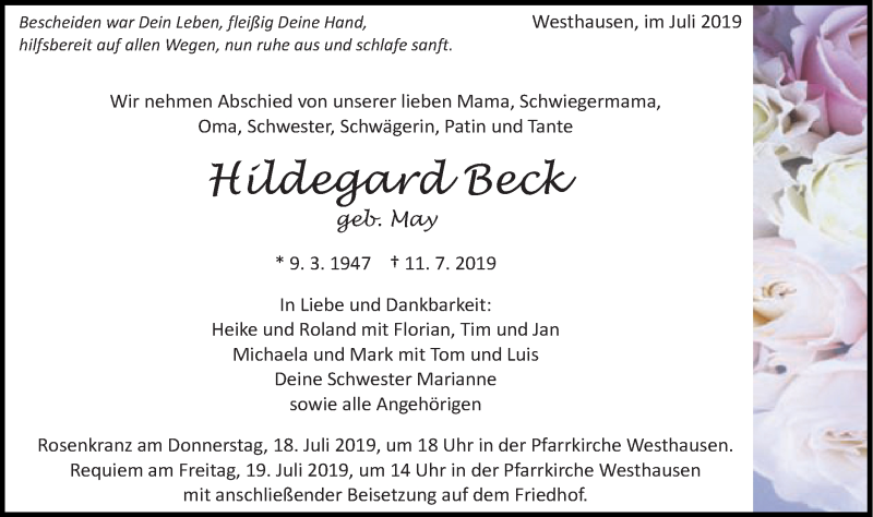  Traueranzeige für Hildegard Beck vom 16.07.2019 aus Schwäbische Post