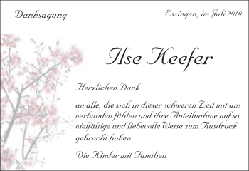 Traueranzeige von Ilse Keefer von Schwäbische Post